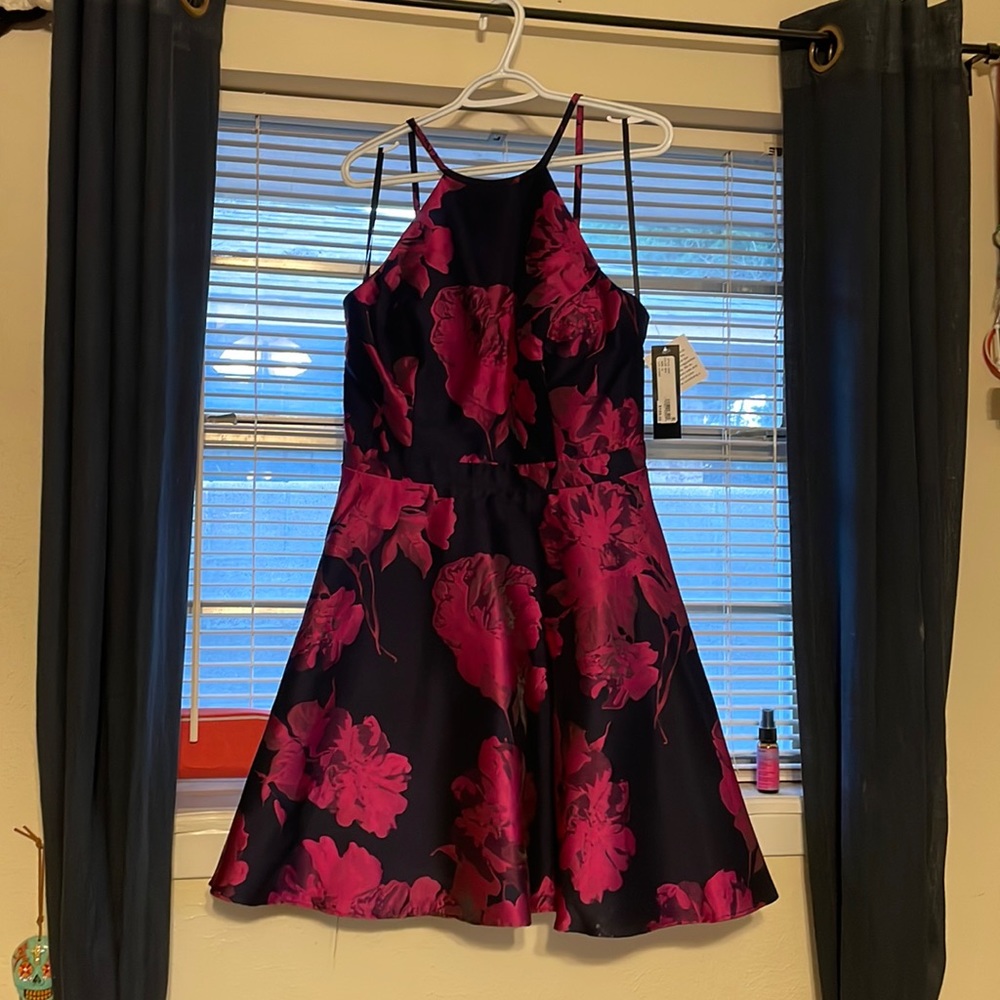 Xscape Black Mini Dress with Magenta Floral Print